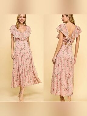 NEW Aiblee Floral Pink Ruffle Tie-Back Maxi Dress